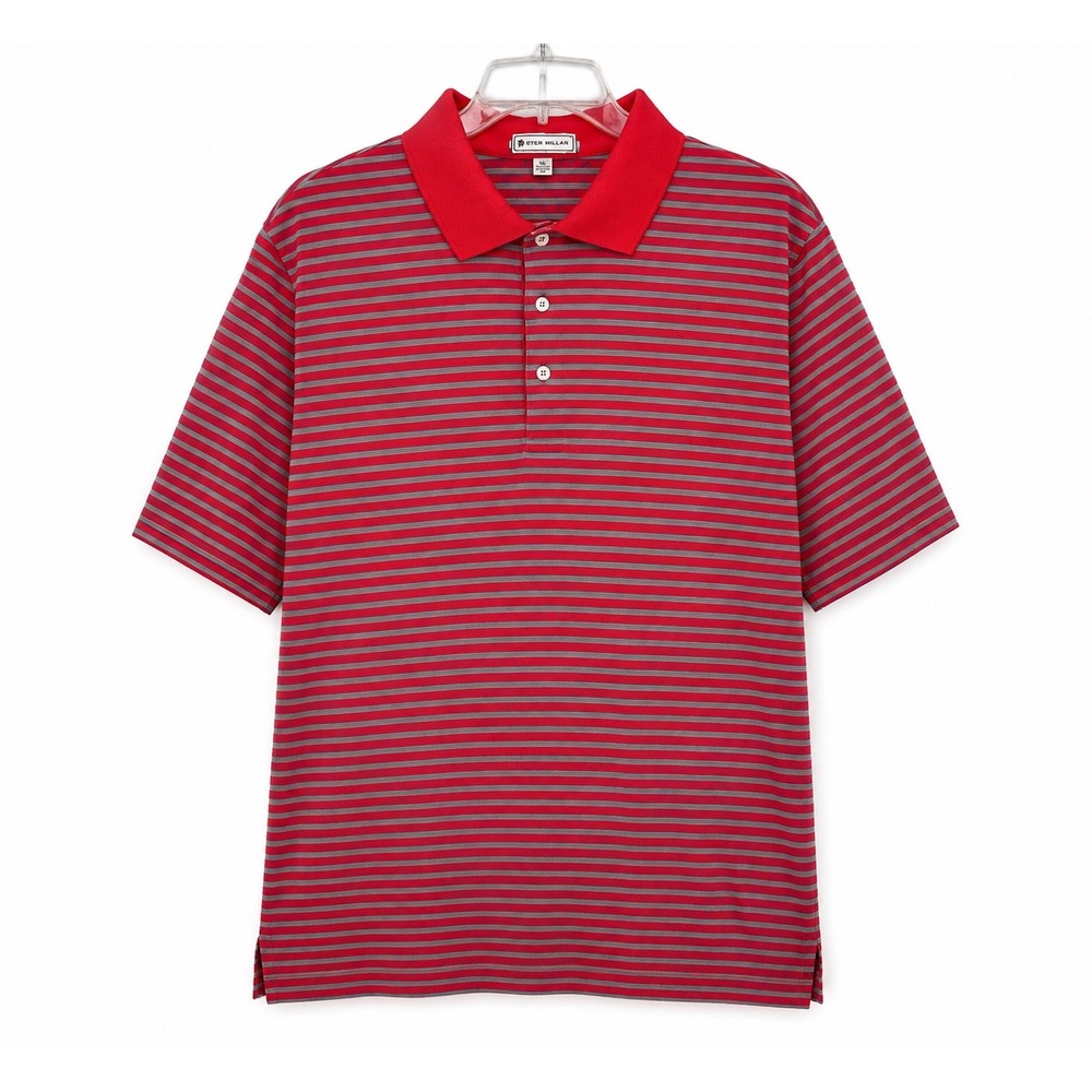 Peter Millar Mens XL Polo Shirt Coral Pink Blue Striped Short Sleeve Cotton Golf